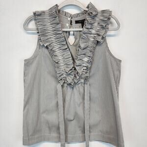 Bcbgmaxazria Ruffle Neck Sleeveless Blouse Size M Gray Stripe Stretch Avant Chic